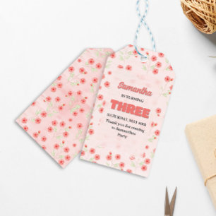 Roze Bloemen Derde Verjaardag Custom Party Favorie Cadeaulabel