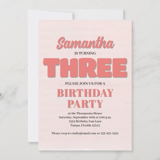 Roze Bloemen Derde Verjaardag Meisje Party Sjabloo Kaart (Voorkant)