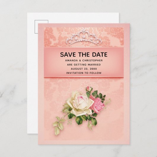 Roze bloemen & diamant Tiara prinses bruiloft Uitnodiging Briefkaart (Voorkant / Achterkant)