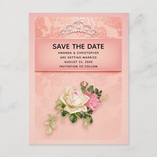 Roze bloemen & diamant Tiara prinses bruiloft Uitnodiging Briefkaart (Voorkant)