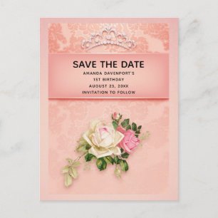 Roze bloemen & diamant Tiara prinses Save the Date Uitnodiging Briefkaart