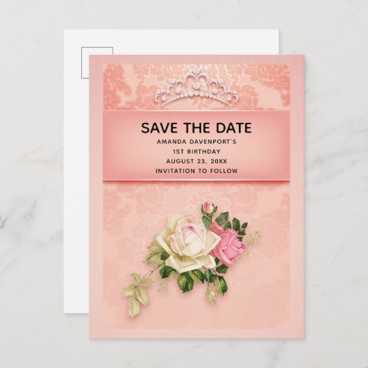 Roze bloemen & diamant Tiara prinses Save the Date Uitnodiging Briefkaart (Voorkant / Achterkant)