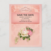 Roze bloemen & diamant Tiara prinses Save the Date Uitnodiging Briefkaart (Voorkant)