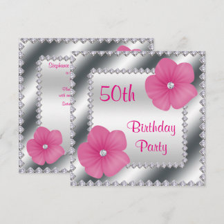 Roze Bloemen & Diamanten 50e Verjaardag Kaart