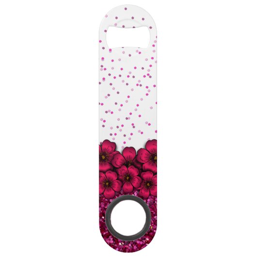 roze bloemen die Faux Glitter Confetti Speed Flessenopener (Voorkant)