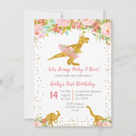 Roze Bloemen Dino Trex Verjaardag Uitnodiging (Voorkant)