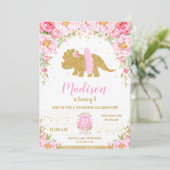 Roze Bloemen Dinosaurus Triceratops Verjaardag Mei Kaart (Staand voorkant)