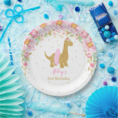 Roze Bloemen Dinosaurus Verjaardagsfeest Brachiosa Papieren Bordje (Feest)