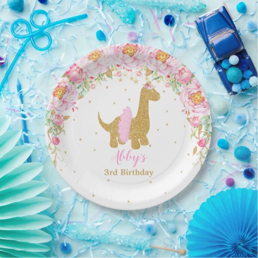 Roze Bloemen Dinosaurus Verjaardagsfeest Brachiosa Papieren Bordje (Feest)