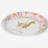 Roze Bloemen Dinosaurus Verjaardagsfeest Brachiosa Papieren Bordje (Gekanteld)