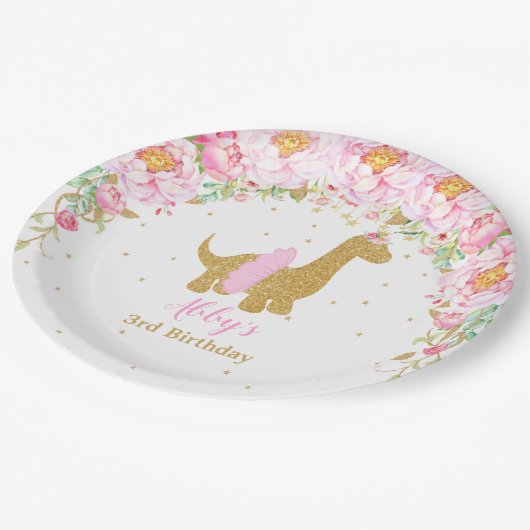 Roze Bloemen Dinosaurus Verjaardagsfeest Brachiosa Papieren Bordje (Gekanteld)