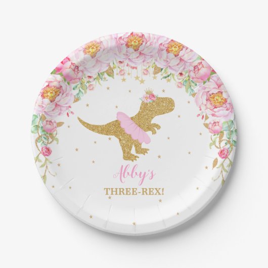 Roze Bloemen Dinosaurus Verjaardagsfeest T-Rex 7" Papieren Bordje (Voorkant)