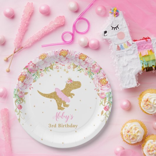 Roze Bloemen Dinosaurus Verjaardagsfeest T-Rex 9" Papieren Bordje (Feest)