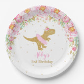 Roze Bloemen Dinosaurus Verjaardagsfeest T-Rex 9" Papieren Bordje (Voorkant)