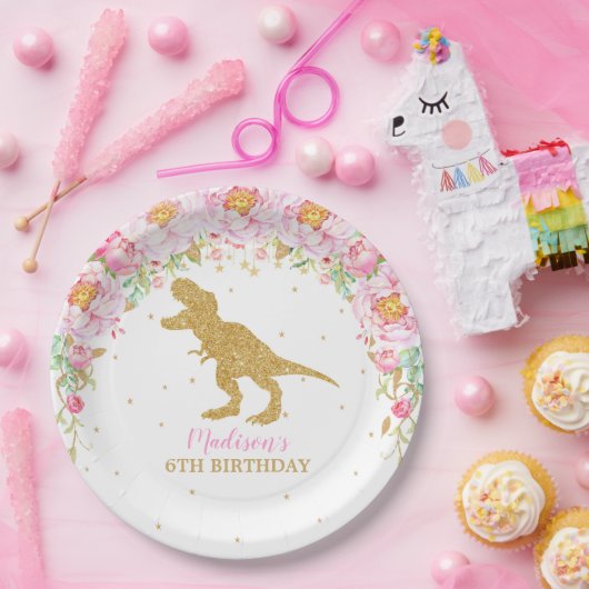 Roze Bloemen Dinosaurus Verjaardagsfeest T-Rex Papieren Bordje (Feest)