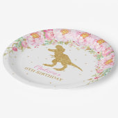 Roze Bloemen Dinosaurus Verjaardagsfeest T-Rex Papieren Bordje (Gekanteld)