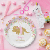 Roze Bloemen Dinosaurus Verjaardagsfeest Tricerato Papieren Bordje (Feest)