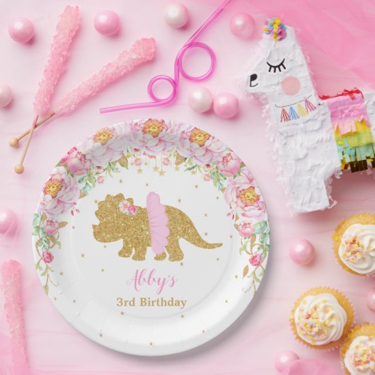 Roze Bloemen Dinosaurus Verjaardagsfeest Tricerato Papieren Bordje (Feest)