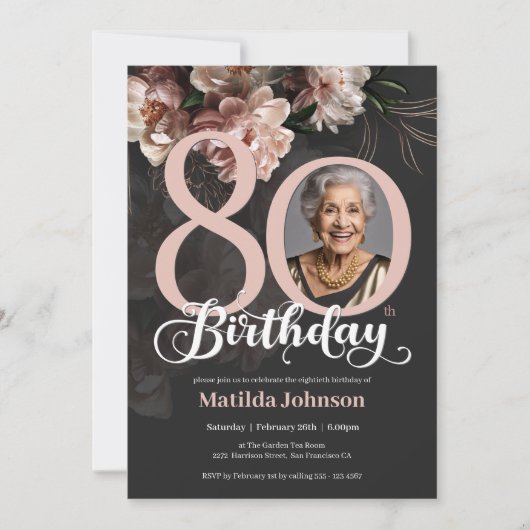 Roze Bloemen Donker Grijs Foto 80ste Verjaardag Kaart (Voorkant)