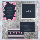 Roze Bloemen & Donker Navy Waterverf Bruiloft Kaart