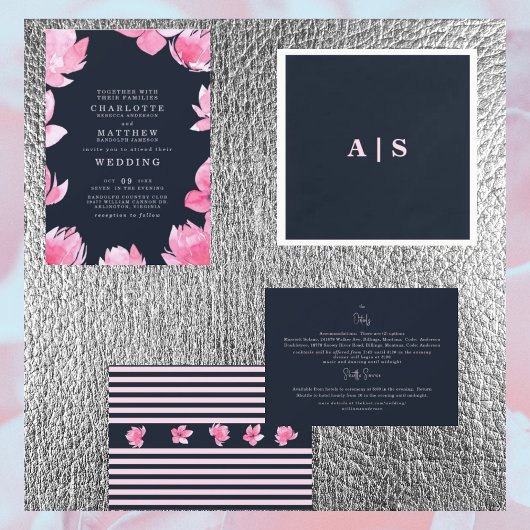 Roze Bloemen & Donker Navy Waterverf Bruiloft Kaart