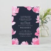Roze Bloemen & Donker Navy Waterverf Bruiloft Kaart (Staand voorkant)