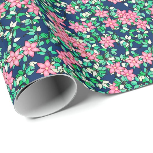 Roze bloemen, donkerblauwe achtergrond cadeaupapier (Rol Hoek)