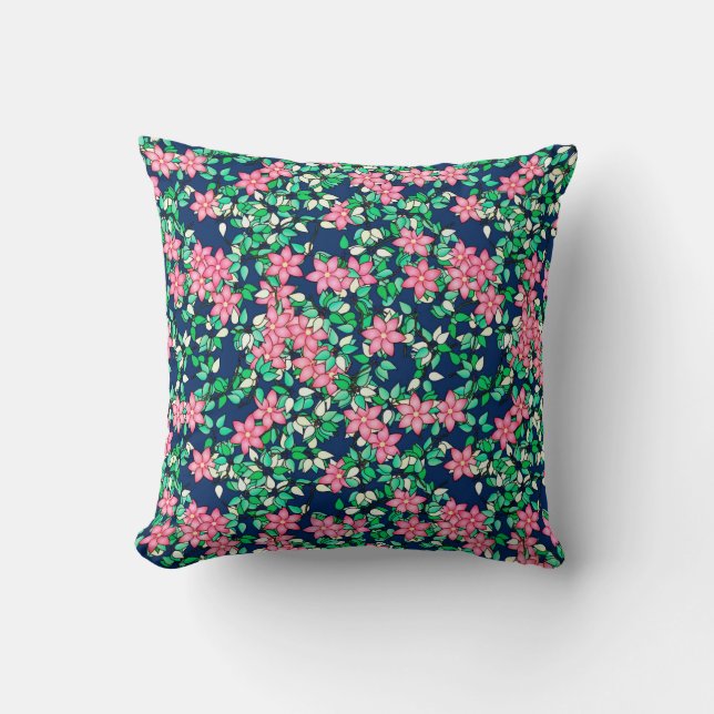 Roze bloemen, donkerblauwe achtergrond kussen (Voorkant)