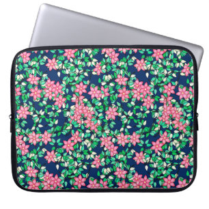 Roze bloemen, donkerblauwe achtergrond laptop sleeve