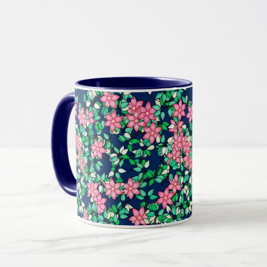 Roze bloemen, donkerblauwe achtergrond mok (Voorkant links)
