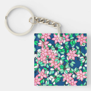 Roze bloemen, donkerblauwe achtergrond sleutelhanger