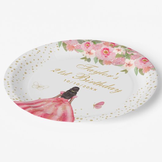 Roze Bloemen Donkere Huid Meisje Verjaardagsfeest Papieren Bordje (Gekanteld)