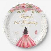 Roze Bloemen Donkere Huid Meisje Verjaardagsfeest Papieren Bordje (Voorkant)