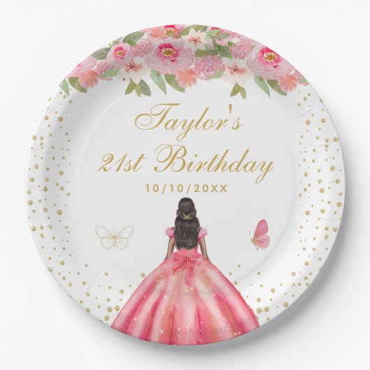 Roze Bloemen Donkere Huid Meisje Verjaardagsfeest Papieren Bordje (Voorkant)