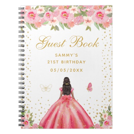 Roze Bloemen Donkere Huid Prinses Gastenboek Notitieboek (Voorkant)