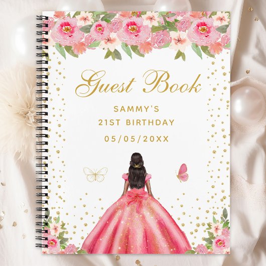 Roze Bloemen Donkere Huid Prinses Gastenboek Notitieboek