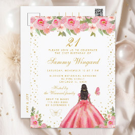 Roze Bloemen Donkere Huid Prinses Verjaardagsfeest Briefkaart