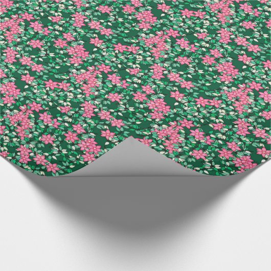 Roze bloemen, donkergroene achtergrond cadeaupapier (Hoek)