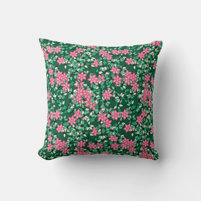 Roze bloemen, donkergroene achtergrond kussen (Voorkant)