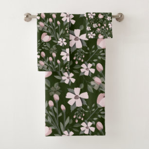 Roze bloemen donkergroene bladeren moderne bloem bad handdoek