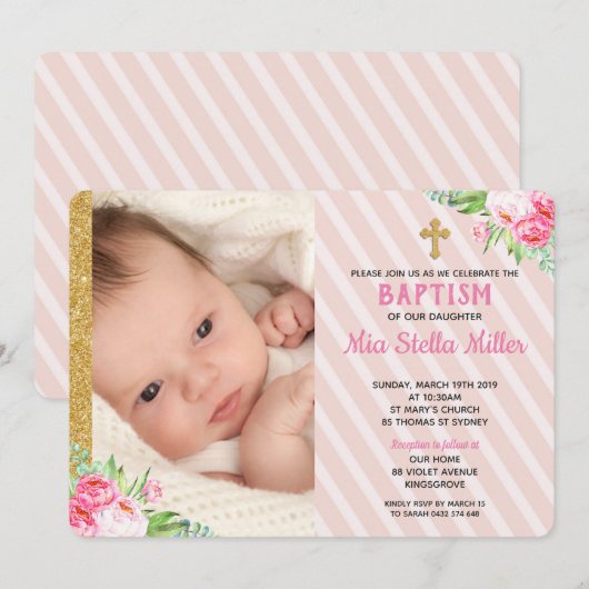 Roze Bloemen Doop Doop Meisje Foto Kaart (Voorkant / Achterkant)