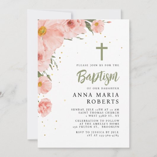 Roze Bloemen Doop Kaart (Voorkant)