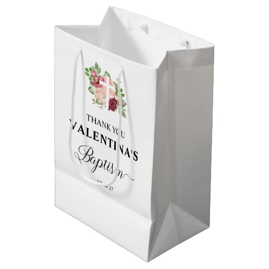 Roze Bloemen Doop Meisje Medium Cadeauzakje (Voorkant Gekanteld)