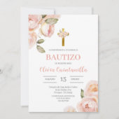 Roze Bloemen Doop Spaanse uitnodiging (Voorkant)