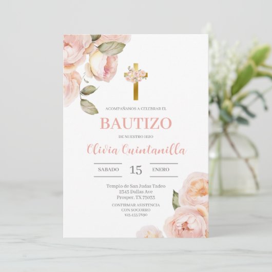 Roze Bloemen Doop Spaanse uitnodiging (Staand voorkant)