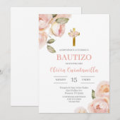 Roze Bloemen Doop Spaanse uitnodiging (Voorkant / Achterkant)
