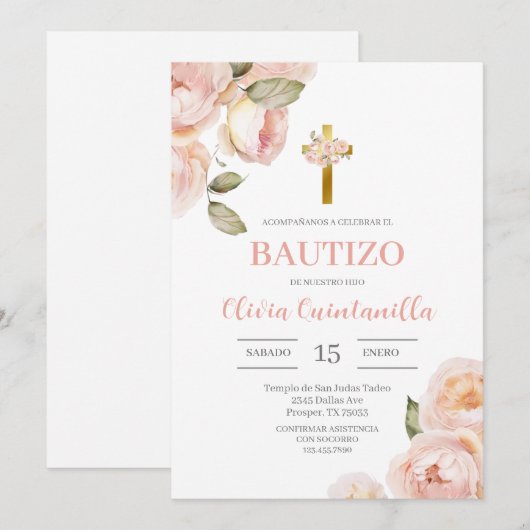 Roze Bloemen Doop Spaanse uitnodiging (Voorkant / Achterkant)