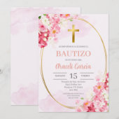 Roze Bloemen Doop Spaanse uitnodiging (Voorkant / Achterkant)