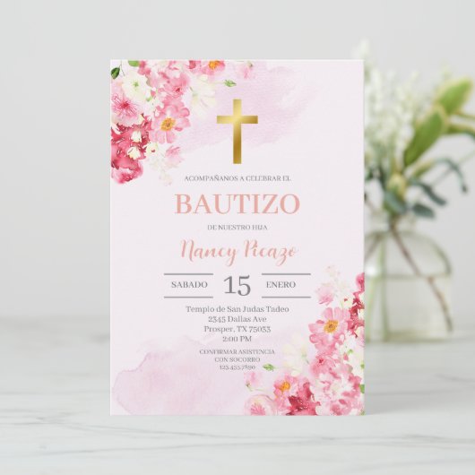 Roze Bloemen Doop Spaanse uitnodiging (Staand voorkant)