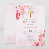 Roze Bloemen Doop Spaanse uitnodiging (Voorkant / Achterkant)